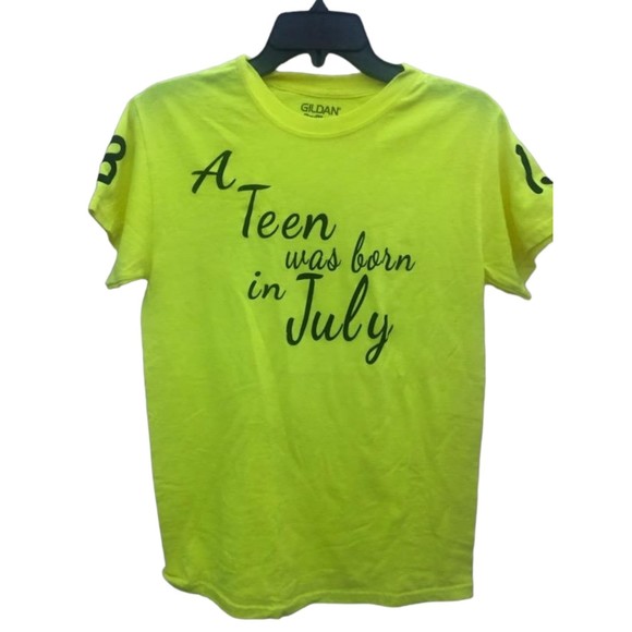 A Teen was Born in July Shirt Womens S Neon Green Yellow V-Neck Short Sleeve - Picture 1 of 5